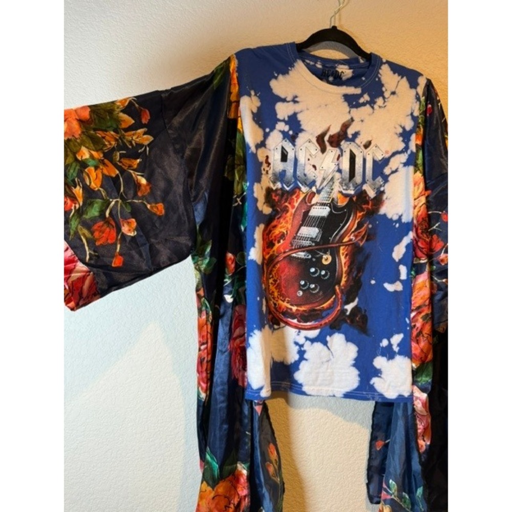 AC/DC Custom Tie Dye Upcycled Top with Floral Satin Kimono Sleeves Blue O/S - Picture 2 of 6